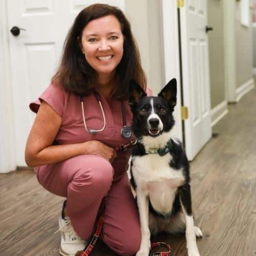 a veterinarian posing with a dog